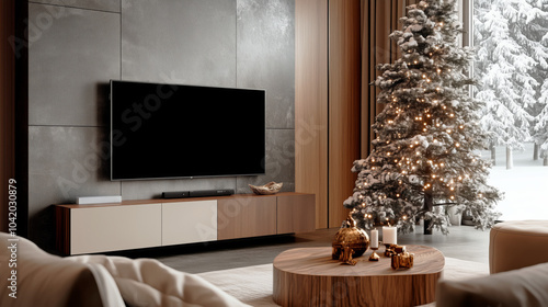 A modern living room decorated for the holiday season, featuring a wall-mounted TV, a snow-covered Christmas tree with warm lights, and festive decor, creating a cozy winter ambiance