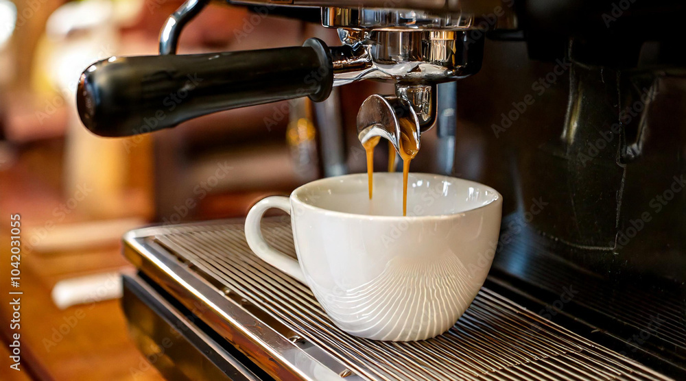 Coffee machine preparing fresh coffee and pouring into white cup at restaurant Coffee machine preparing fresh coffee and pouring into white cup at restaurant