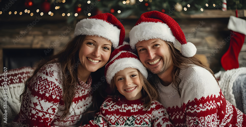 Smiling family in quirky sweaters enjoying cozy time together at home. Christmas portrait Smiling family in quirky sweaters enjoying cozy time together at home. Christmas portrait