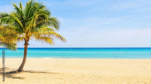 A lone palm tree stands on a white sand beach with turquoise water and blue sky in the background.