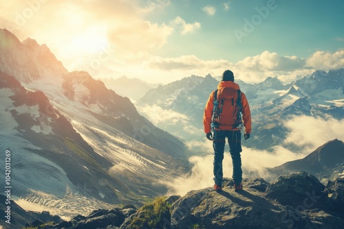 Adventurer gazes over majestic mountain range at sunrise in tranquil alpine landscape