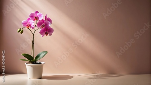 Pink orchid in white pot with wall shadow behind