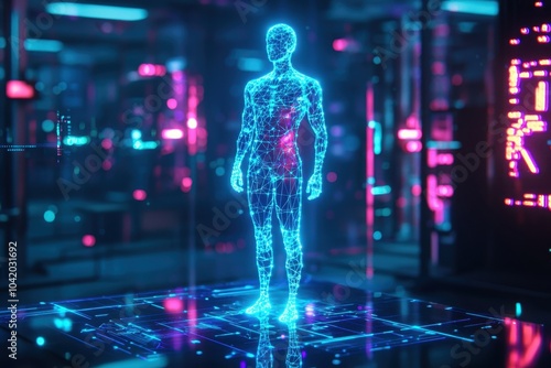 A glowing human hologram anatomy in a futuristic lab, symbolizing advanced medical technology and innovation. Ideal for themes of digital healthcare, artificial intelligence, and scientific research.