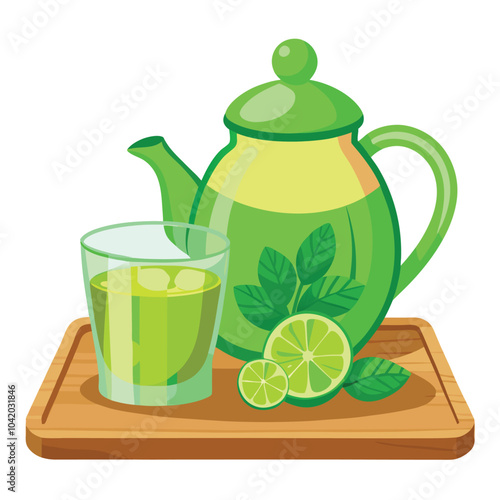 Glass cup and teapot of green tea, mint leaves and lime on a wooden board on a white background