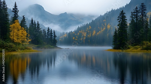 Serene mountain lake shrouded in mist with autumn foliage reflecting on the water.