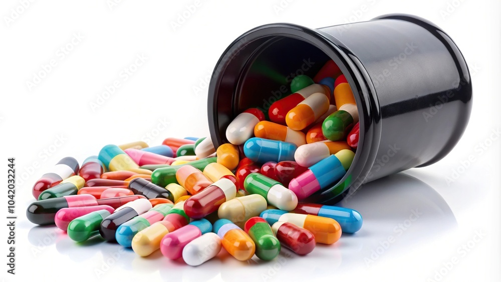 Colorful pills spilling out of black plastic container on white background Colorful pills spilling out of black plastic container on white background