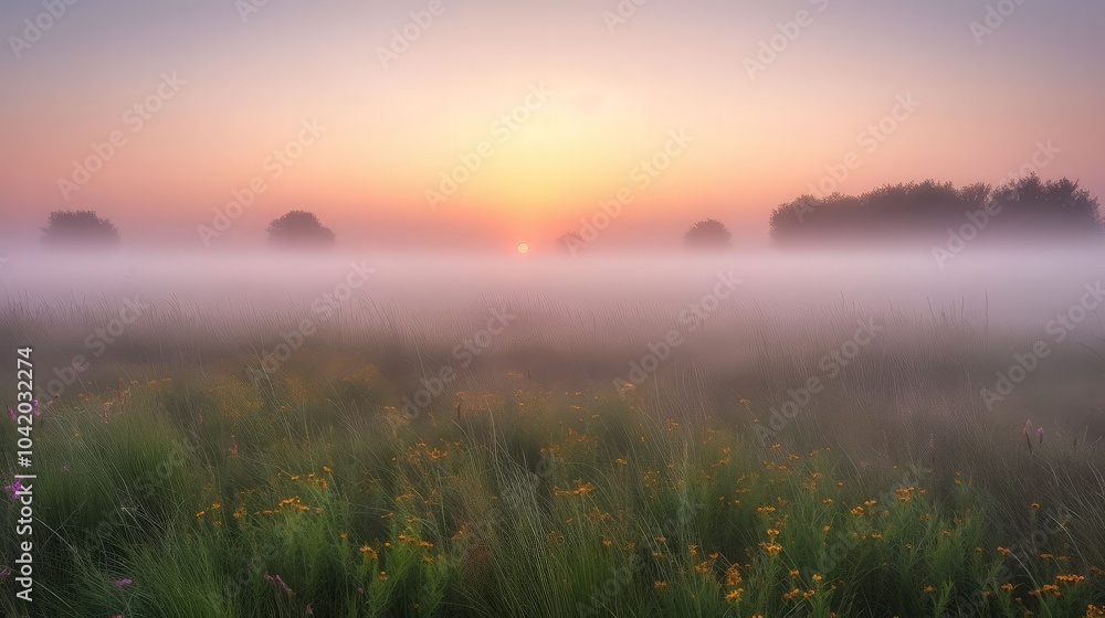 Fototapeta premium A misty sunrise over a field of wildflowers.