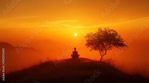 Silhouette of person sits meditate near tree on top mountains with yellow sky during sunset