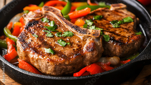 A Flavorful Asian-inspired Dish with Spicy Marinated Pork Chops Stir-Fried with Bell Peppers and Served with Fragrant Jasmine Rice