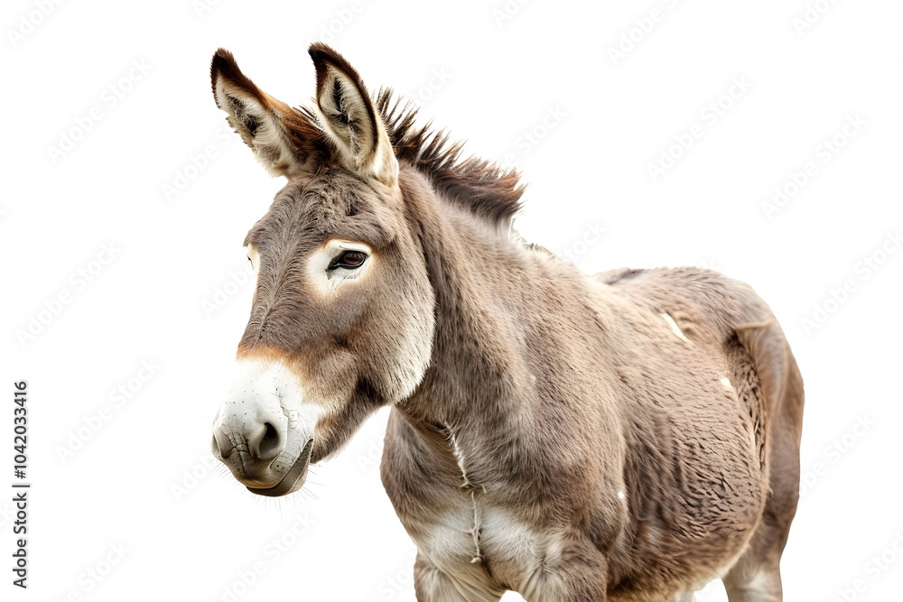 A close-up of a donkey with a light background, showcasing its features and expression. A close-up of a donkey with a light background, showcasing its features and expression.
