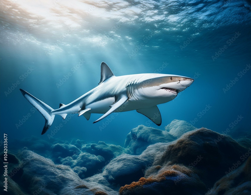 Fototapeta premium Tiburón blanco bajo el mar, Realista