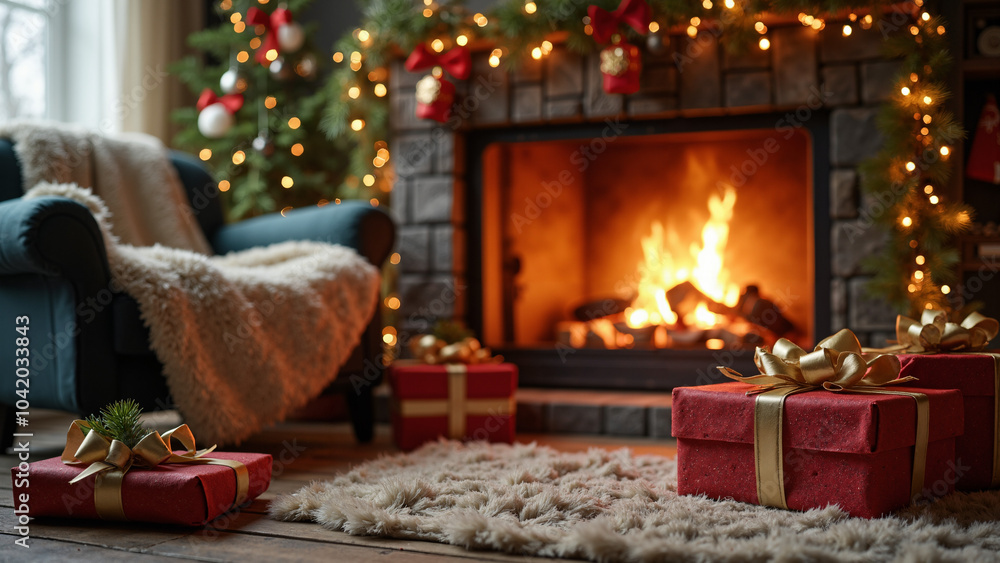 Cozy Christmas Scene: Wrapped Gifts by Fireplace with Festive Decor - Perfect for Holiday Marketing Campaigns Cozy Christmas Scene: Wrapped Gifts by Fireplace with Festive Decor - Perfect for Holiday Marketing Campaigns