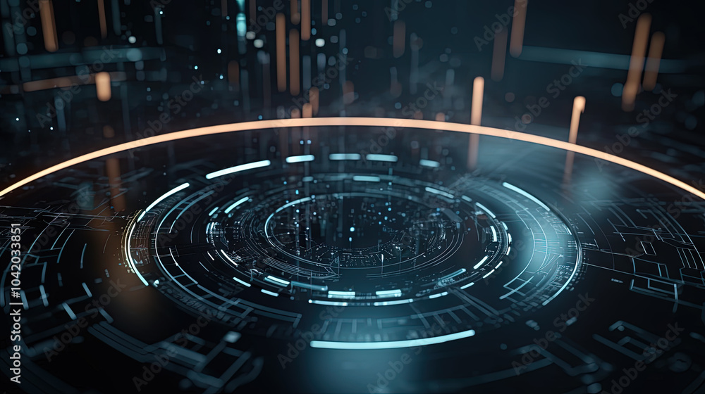 Technology abstract background with hud styled round interface elements in neon tech light. Technology abstract background with hud styled round interface elements in neon tech light.