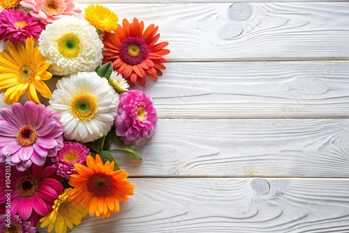 Colorful flowers on white wooden background