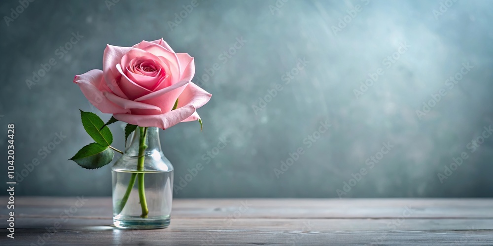 Fototapeta premium Pink rose in glass vase on table with black background