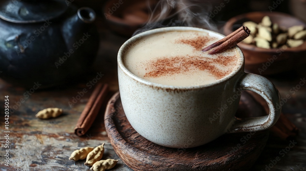 A steaming cup of spiced tea with cinnamon sticks, cardamom pods, and a teapot in the background. A steaming cup of spiced tea with cinnamon sticks, cardamom pods, and a teapot in the background.