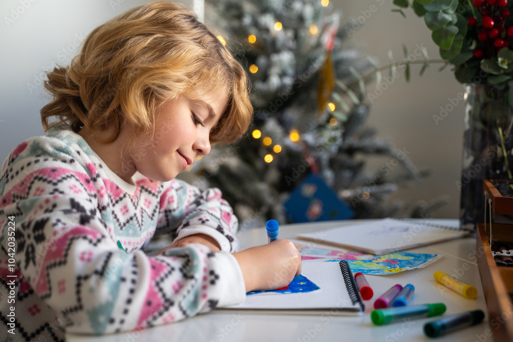 Child writing letter to Santa Christmas New Year holiday, cosy home Christmas decoration and lights, girl dreaming drawing colorful pencils preparing gifts presents for family, boy wishing Santa Claus