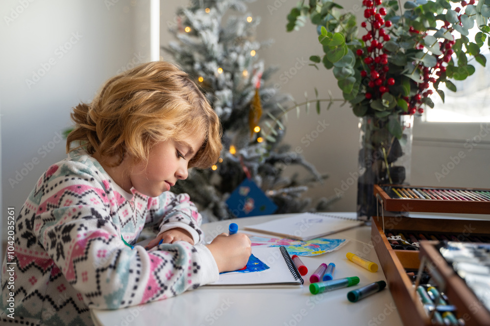 Child writing letter to Santa Christmas New Year holiday, cosy home Christmas decoration and lights, girl dreaming drawing colorful pencils preparing gifts presents for family, boy wishing Santa Claus