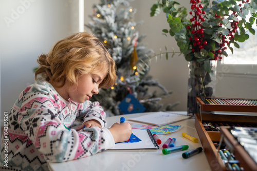 Obraz na płótnie Child writing letter to Santa Christmas New Year holiday, cosy home Christmas decoration and lights, girl dreaming drawing colorful pencils preparing gifts presents for family, boy wishing Santa Claus w salonie