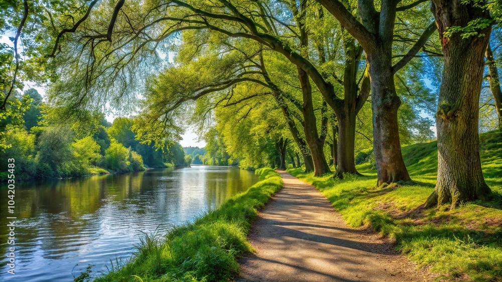 Reflected footpath along river bank near trees with clear sky Reflected footpath along river bank near trees with clear sky