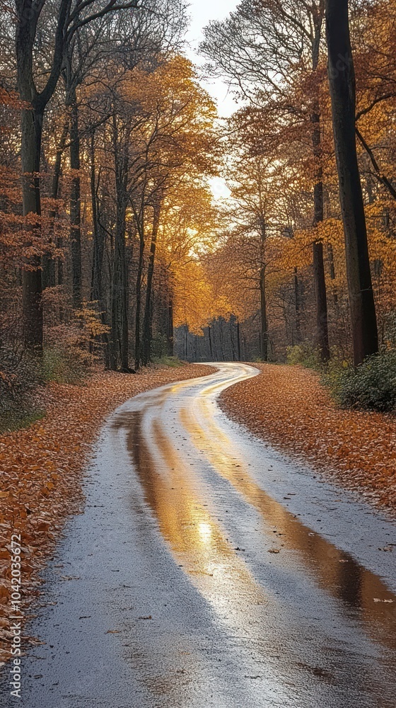 Obraz premium Autumn Road Through Forest with Golden Reflections - Photo
