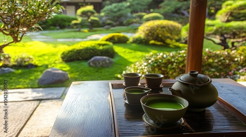 A traditional Japanese tea set with a matcha green tea drink sits on a wooden table with a tranquil garden in the background.