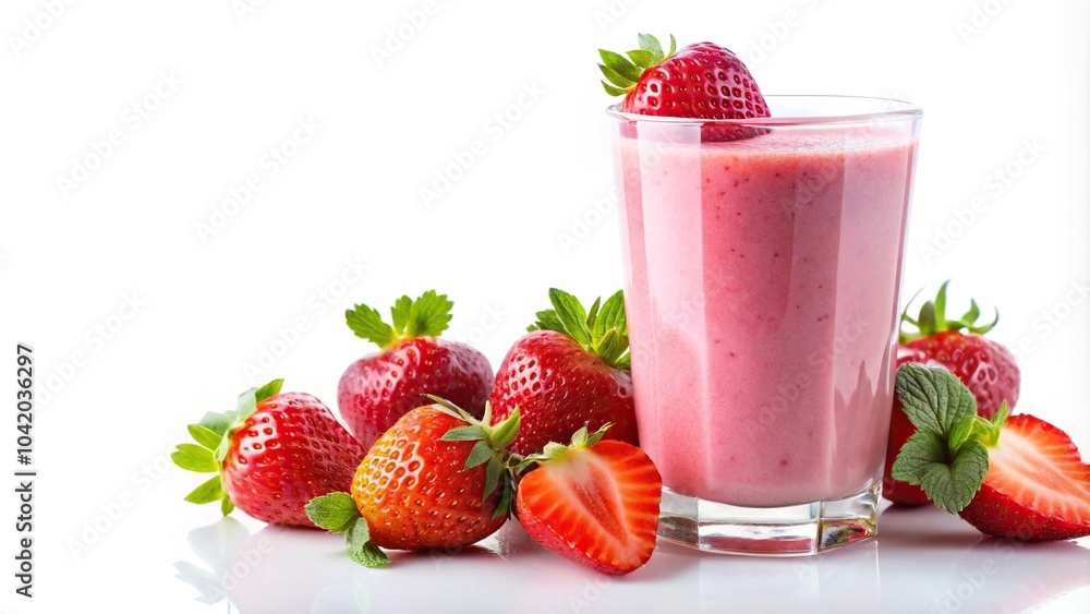 Pink strawberry smoothie in a glass with strawberries isolated on white background Close-Up Pink strawberry smoothie in a glass with strawberries isolated on white background Close-Up