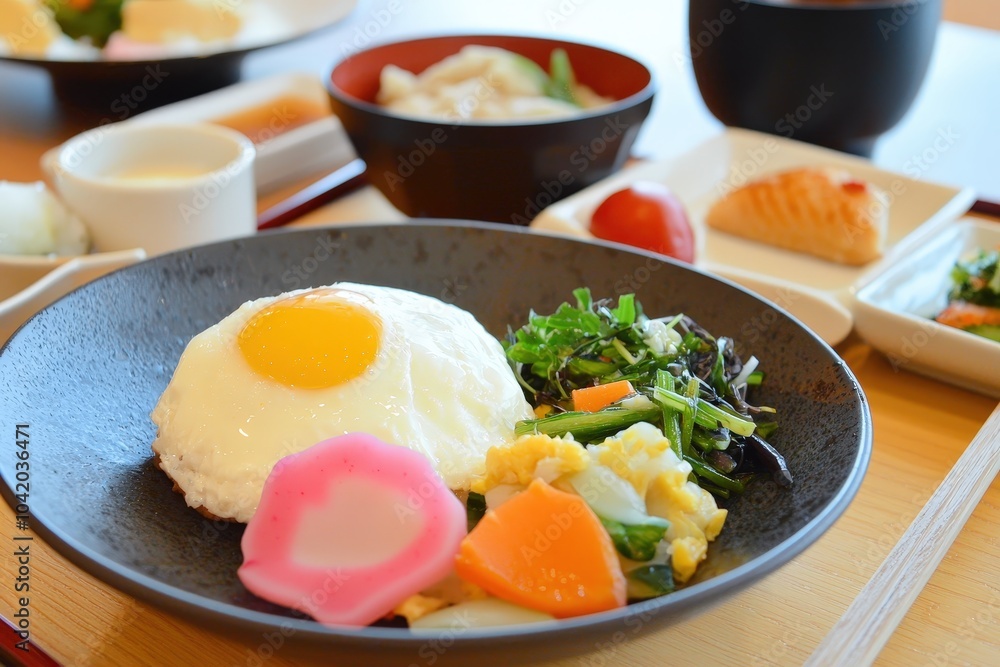 Fototapeta premium A vibrant Japanese breakfast spread featuring rice, vegetables, and a sunny-side-up egg