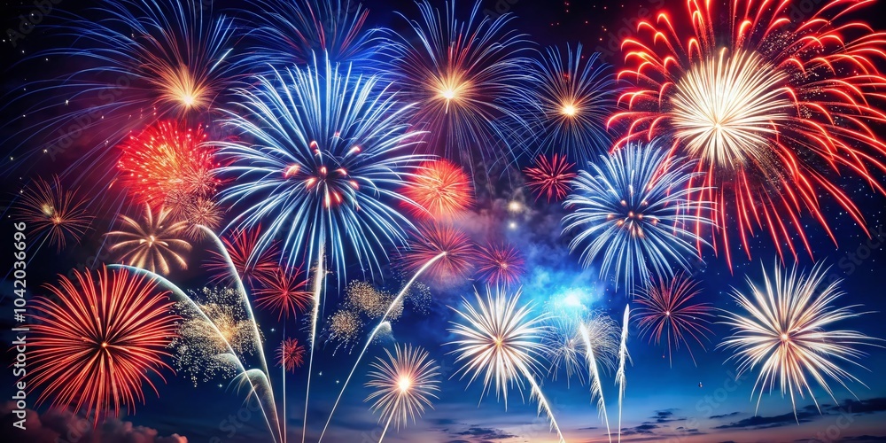 Stunning Fireworks Display in Red, White, and Blue with Copy Space for Celebrations and Events Stunning Fireworks Display in Red, White, and Blue with Copy Space for Celebrations and Events