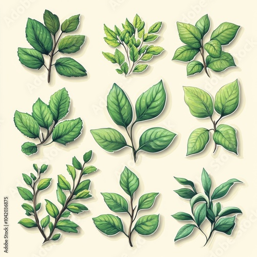 A vibrant display of assorted green leaves arranged in a grid pattern, showcasing their diverse shapes and shades.