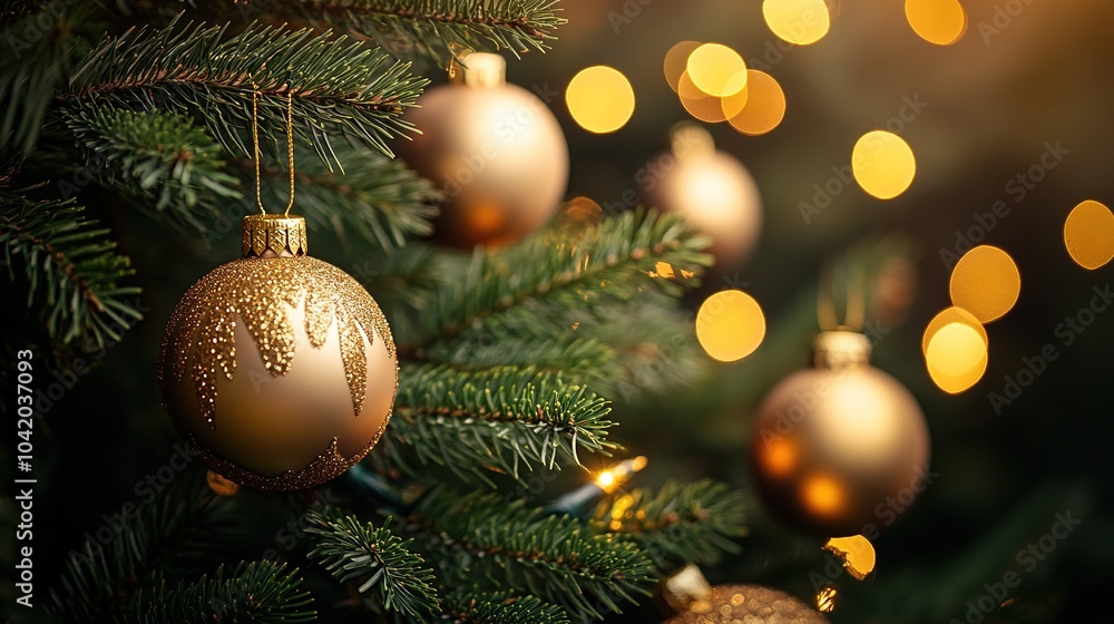 Golden baubles on Christmas tree with warm lights Golden baubles on Christmas tree with warm lights