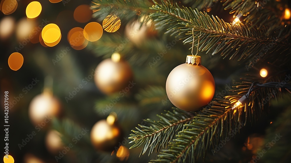Festive spruce branches adorned with golden baubles and lights. Festive spruce branches adorned with golden baubles and lights.