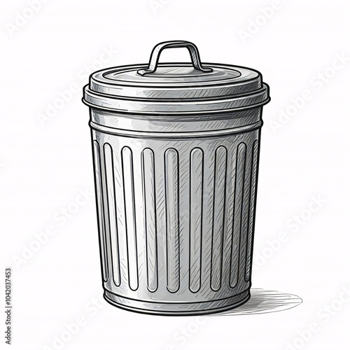 hand drawn sketch of a silver trash can on white background