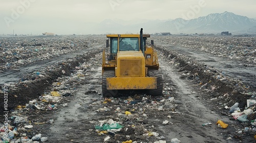 Heavy machinery working on a landfill surrounded by waste and pollution