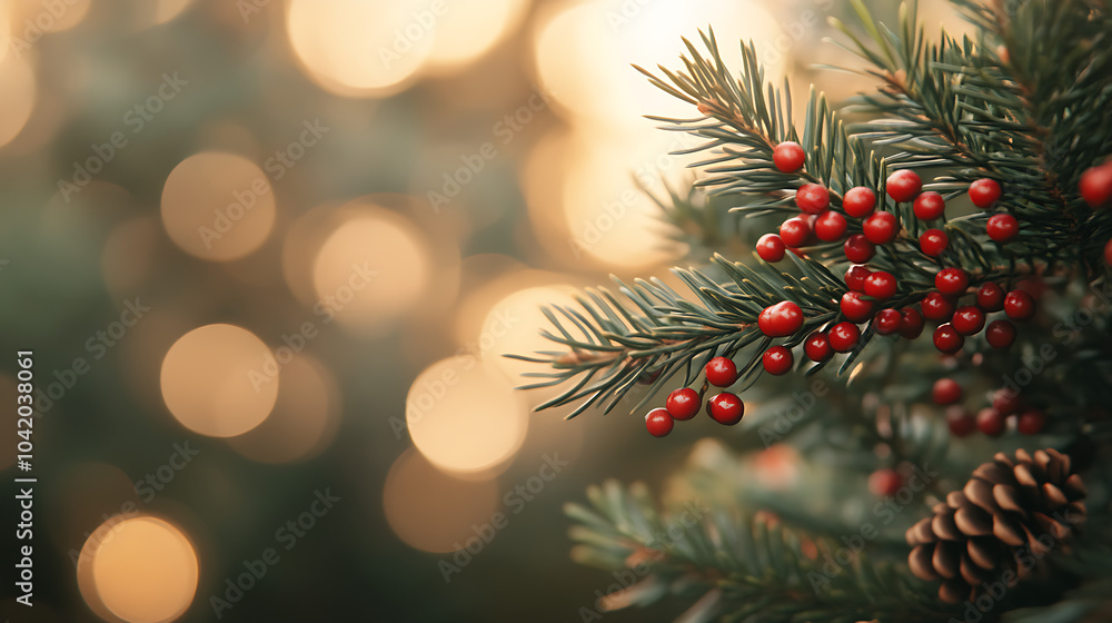 Festive Christmas Tree Branch with Red Berries and Pinecone Festive Christmas Tree Branch with Red Berries and Pinecone