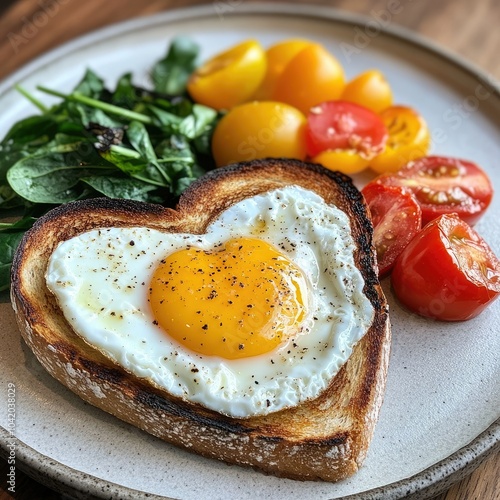 Crispy artisanal toast with a heart-shaped fried egg, accompanied by vibrant vegetables like grilled tomatoes and greens photo