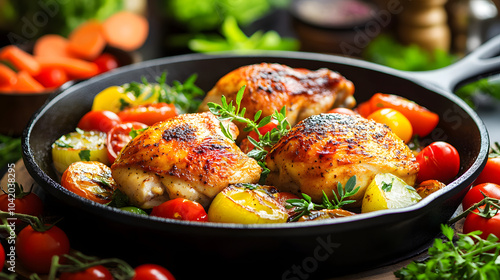 Capturing the Essence of a Traditional Italian Kitchen with Sizzling Chicken Cacciatore in a Cast Iron Skillet