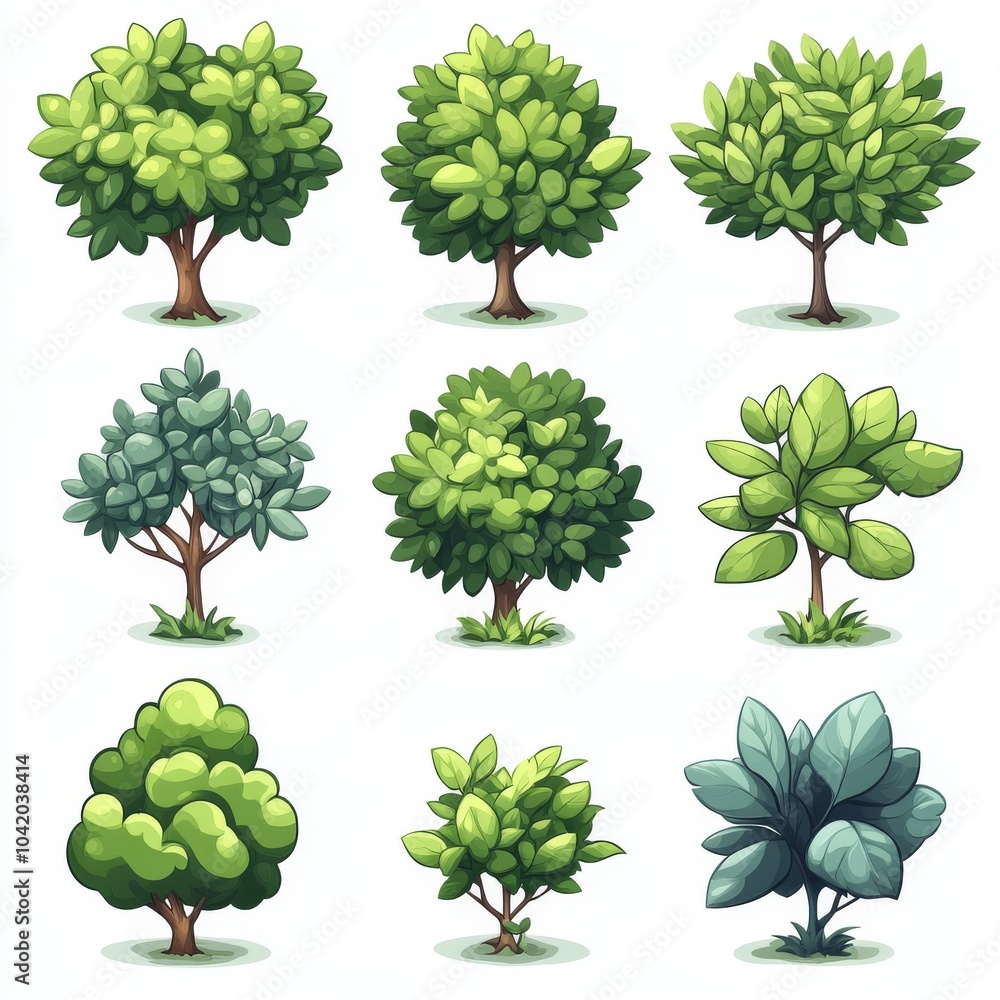 Fototapeta premium A vibrant collection of illustrated trees featuring diverse shapes and shades of green, perfect for nature-themed designs.