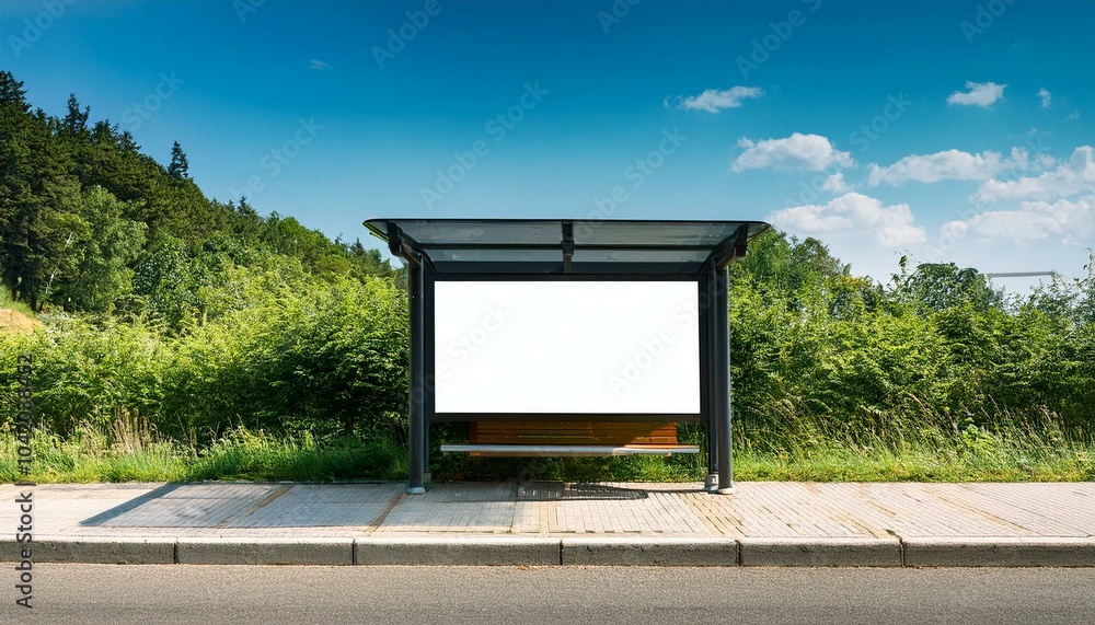 A bus stop shelter with a blank advertising billboard, surrounded by lush greenery on a clear day. Generative AI A bus stop shelter with a blank advertising billboard, surrounded by lush greenery on a clear day. Generative AI