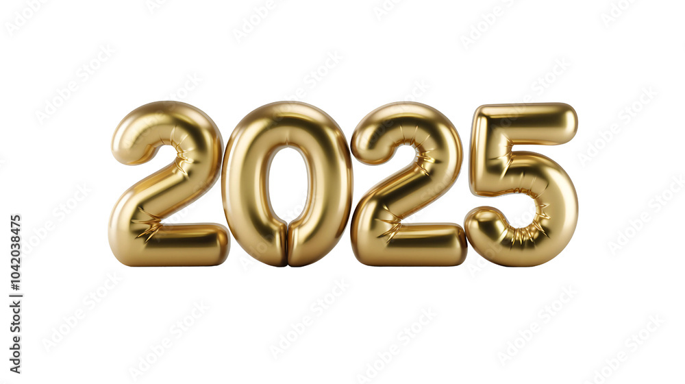 Golden shiny 2025 is in the shape of balloon isolated white background Golden shiny 2025 is in the shape of balloon isolated white background