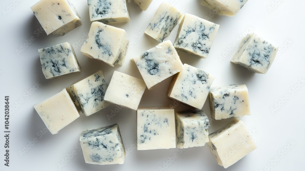 Cubes of blue cheese arranged neatly on a white surface Cubes of blue cheese arranged neatly on a white surface