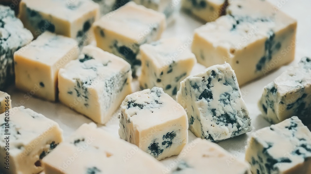Cubes of blue cheese arranged neatly on a white surface Cubes of blue cheese arranged neatly on a white surface