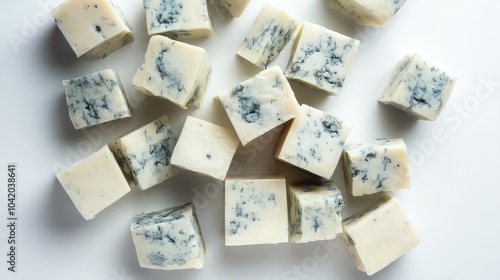 Cubes of blue cheese arranged neatly on a white surface photo