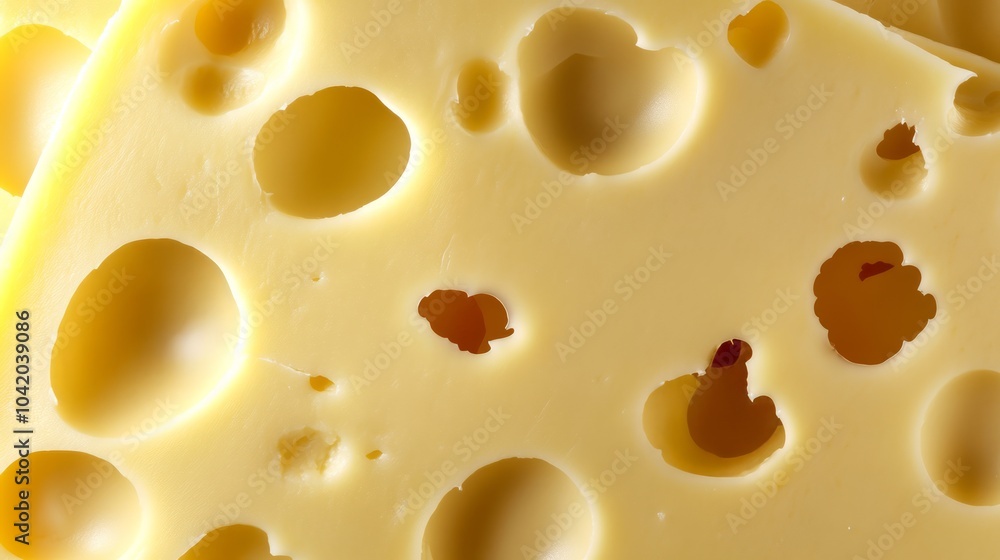 Detailed photograph of swiss cheese emphasizing its characteristics Detailed photograph of swiss cheese emphasizing its characteristics