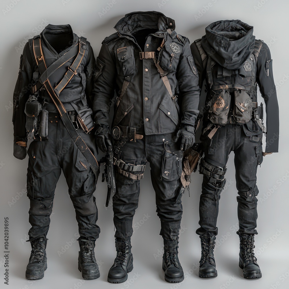 Three modern tactical outfits are displayed side by side, each featuring dark, sleek designs with functional gear Three modern tactical outfits are displayed side by side, each featuring dark, sleek designs with functional gear