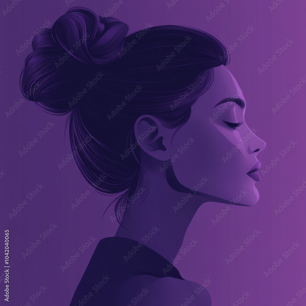 Profile portrait of a young woman with dark hair in a bun, set against a deep purple backdrop. Profile portrait of a young woman with dark hair in a bun, set against a deep purple backdrop.