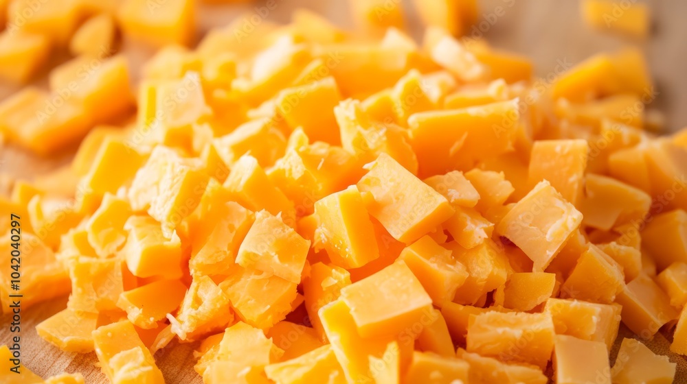 Diced sharp cheddar cheese featured in a blended quesadilla Diced sharp cheddar cheese featured in a blended quesadilla