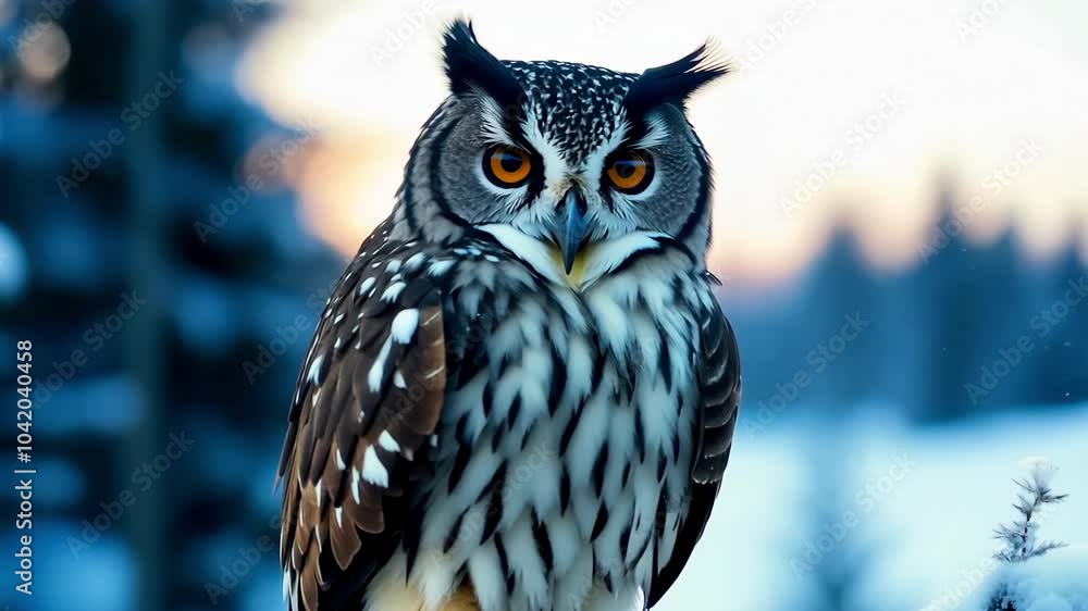 Majestic eurasian eagle owl perched in snowy forest at twilight Majestic eurasian eagle owl perched in snowy forest at twilight