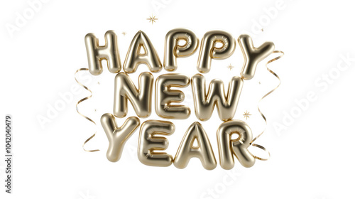 Golden shiny happy new year text is in the shape of balloon isolated white background photo