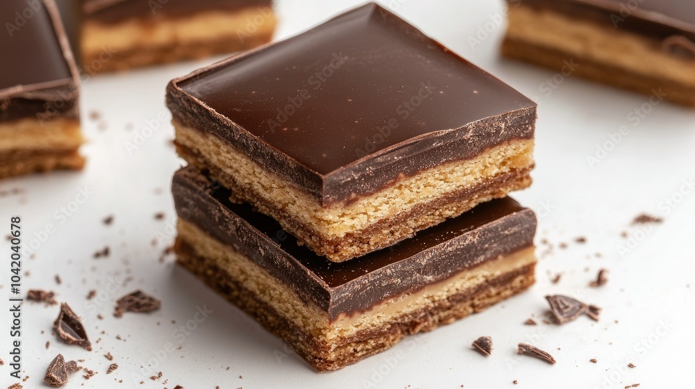Detailed view of a broken chocolate wafer block with crisp layers and smooth chocolate filling, isolated. Detailed view of a broken chocolate wafer block with crisp layers and smooth chocolate filling, isolated.